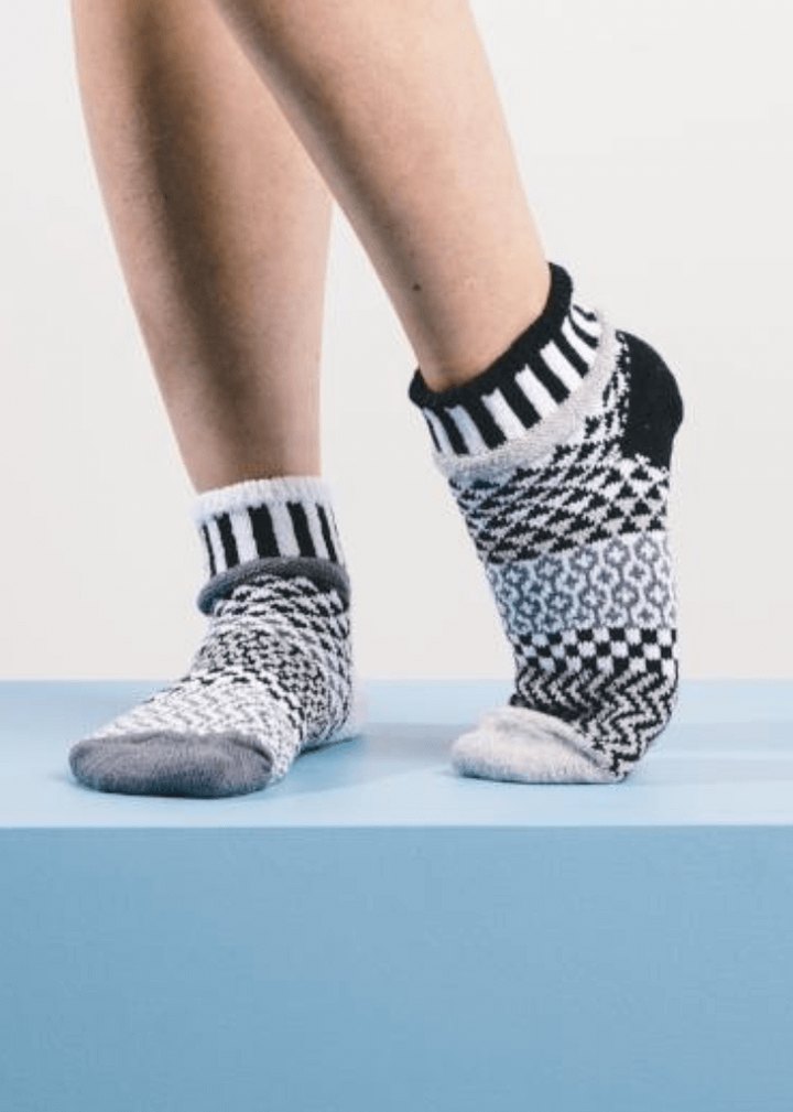 Solmate MIDNIGHT Black &amp; White Knitted Quarter Socks | Made In USA | Delightfully Mismatched &amp; so Very Comfortable.  Classy Cozy Cool Women&