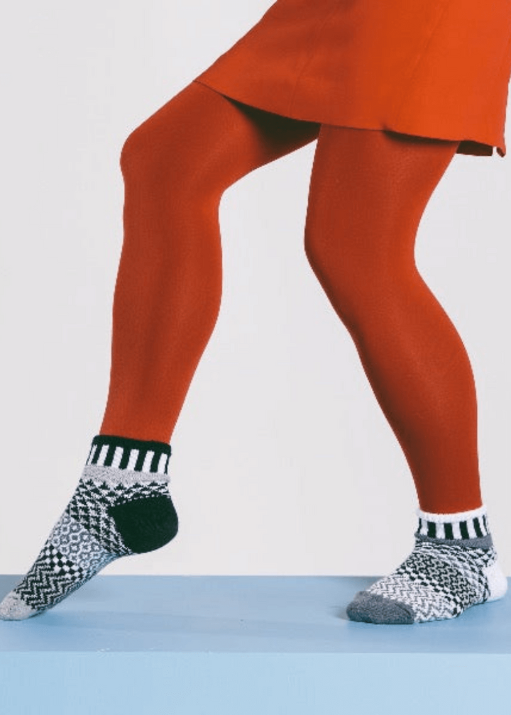 Solmate MIDNIGHT Black &amp; White Knitted Quarter Socks | Made In USA | Delightfully Mismatched &amp; so Very Comfortable.  Classy Cozy Cool Women&