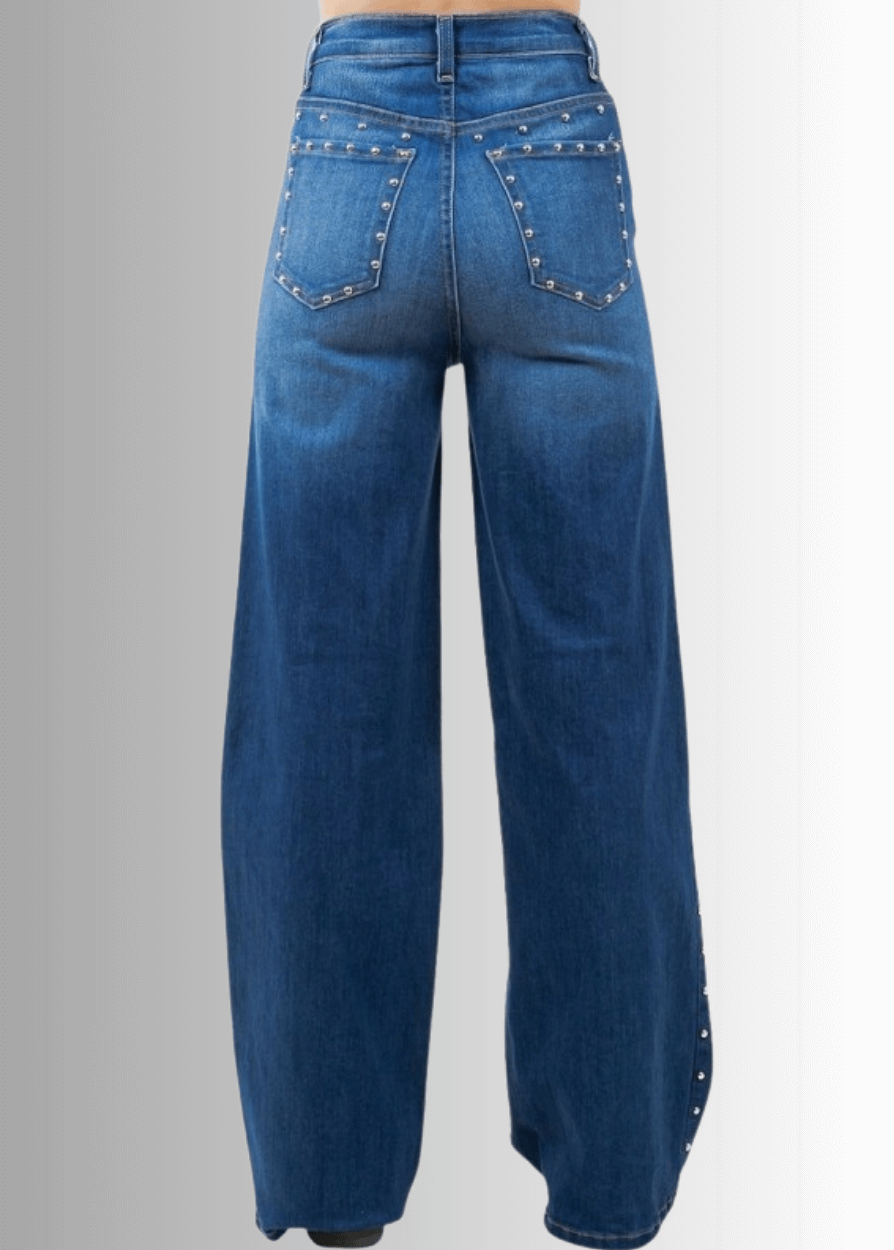 Made in USA - Introducing the Camila Wide Leg High Rise Studded Jean! These jeans are made from premium 11 Ounce Soft Stretch Rich denim that offers both durability and comfort. Long 33" Inseam.