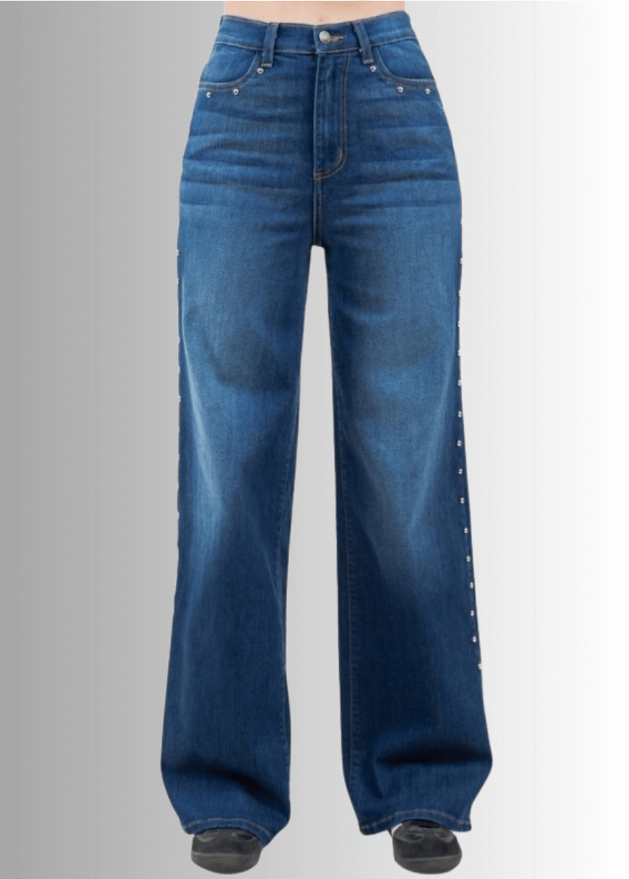 Made in USA - Introducing the Camila Wide Leg High Rise Studded Jean! These jeans are made from premium 11 Ounce Soft Stretch Rich denim that offers both durability and comfort. Long 33" Inseam.