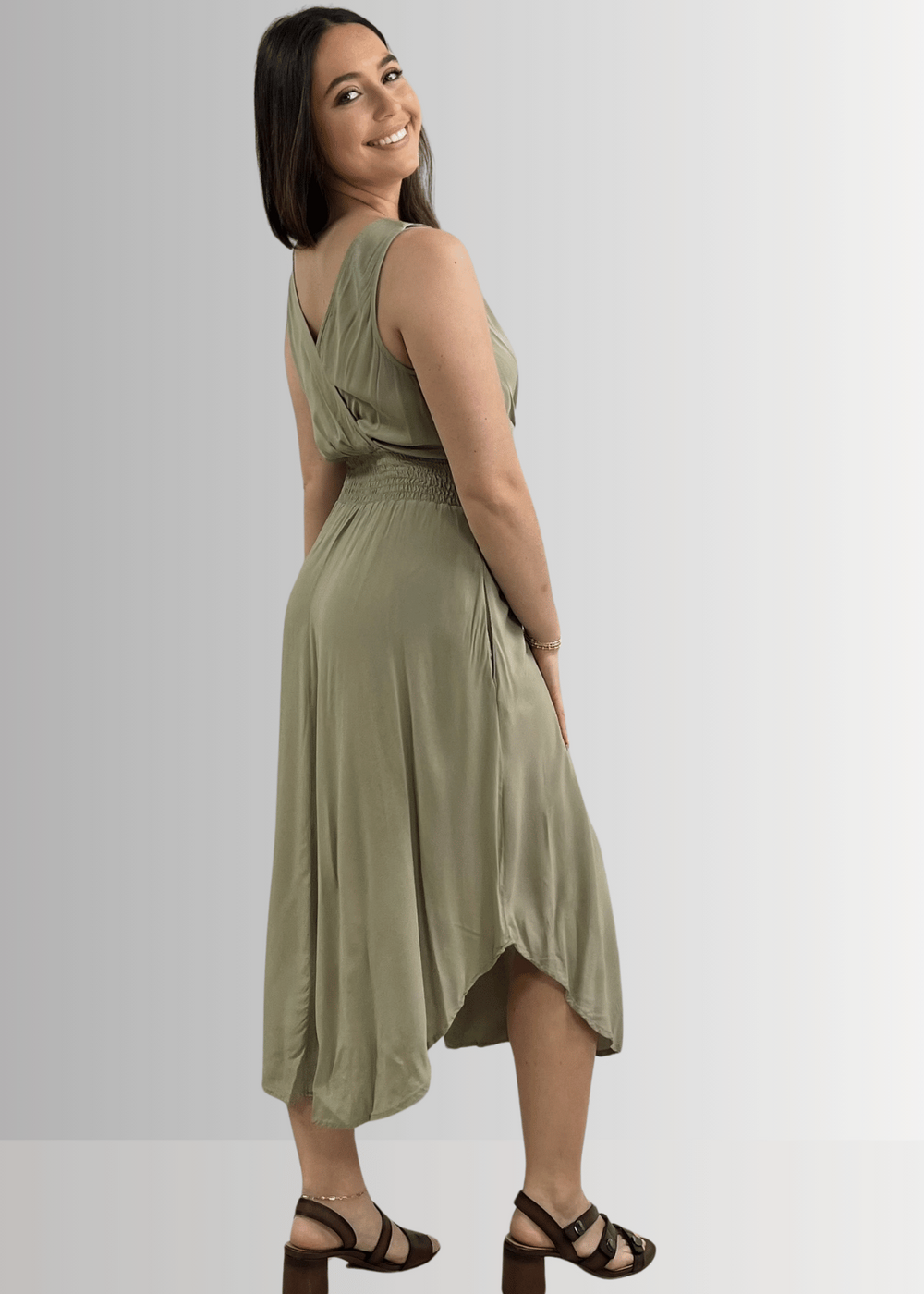 Made in USA Women's Smocked Waist Sleeveless Midi Dress in Sage Green, V-Neck, Rounded Hem Line, 100% Rayon Challis, Machine Wash, Style D40692 | Classy Cozy Cool Made in America Boutique