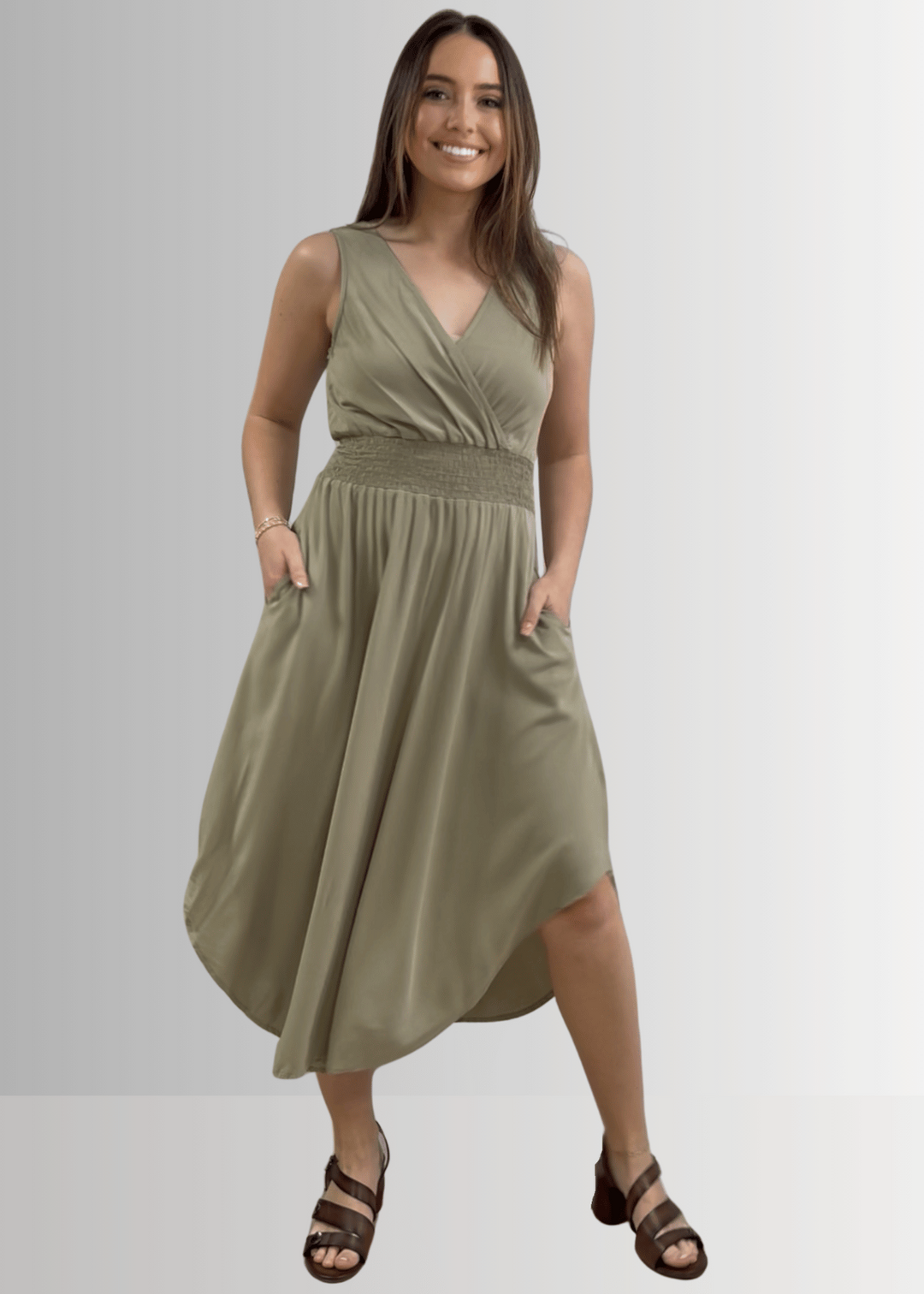 Made in USA Women's Smocked Waist Sleeveless Midi Dress in Sage Green, V-Neck, Rounded Hem Line, 100% Rayon Challis, Machine Wash, Style D40692 | Classy Cozy Cool Made in America Boutique