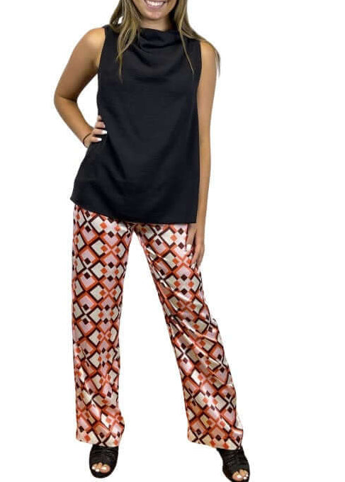 USA Made Ladies Pink Retro Pattern Satin Pants by If She Loves Style 