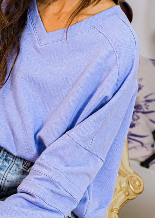 Bucket List Style T2211 | USA Made Ladies Iris Blue Oversized Slouchy Soft &amp; Cozy Sweatshirt with V-Neck | Classy Cozy Cool Women&