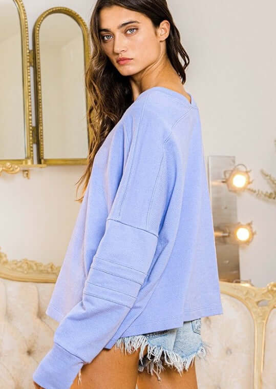 Bucket List Style T2211 | USA Made Ladies Iris Blue Oversized Slouchy Soft &amp; Cozy Sweatshirt with V-Neck | Classy Cozy Cool Women&