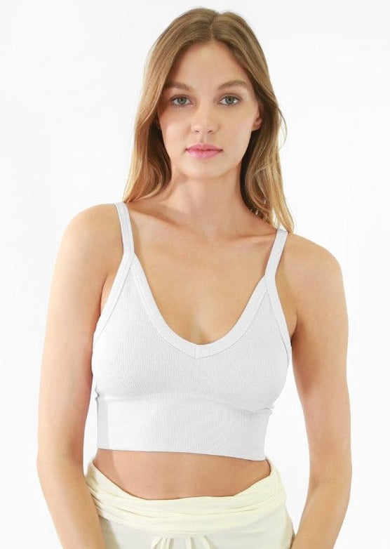 NikiBiki Ladies Fitted Vintage V-Neck Ribbed Bra Top Style NS8187  in White| Made in USA | Classy Cozy Cool Women&