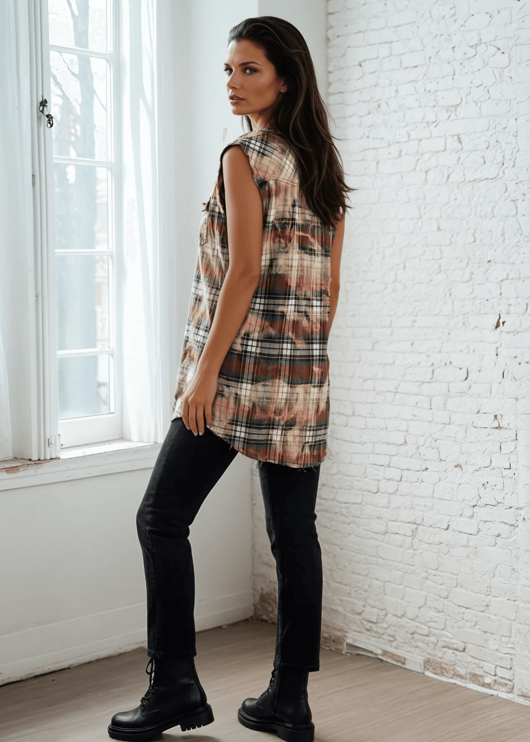 Meet The Sedona Sunset Sleeveless Plaid Flannel Tunic - a sleeveless, boho-chic essential designed for effortless layering and laid-back luxury. Crafted in Los Angeles from ultra-soft, vintage-washed plaid, this one-of-a-kind piece features hand-bleached details, raw frayed edges, and classic chest pockets for a relaxed yet elevated vibe. Its tunic length makes it versatile enough to wear open over denim shorts or buttoned up as a dress.
