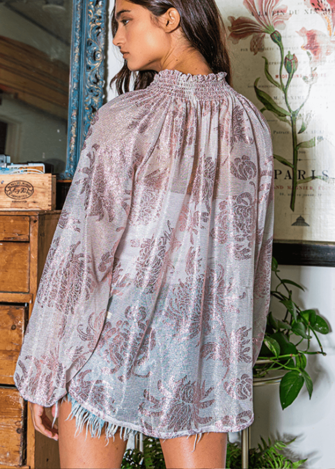 Made in USA | Ladies Sheer Floral Smocked Collar Dressy Blouse in Rose Pink with Metallic Accents | Style 