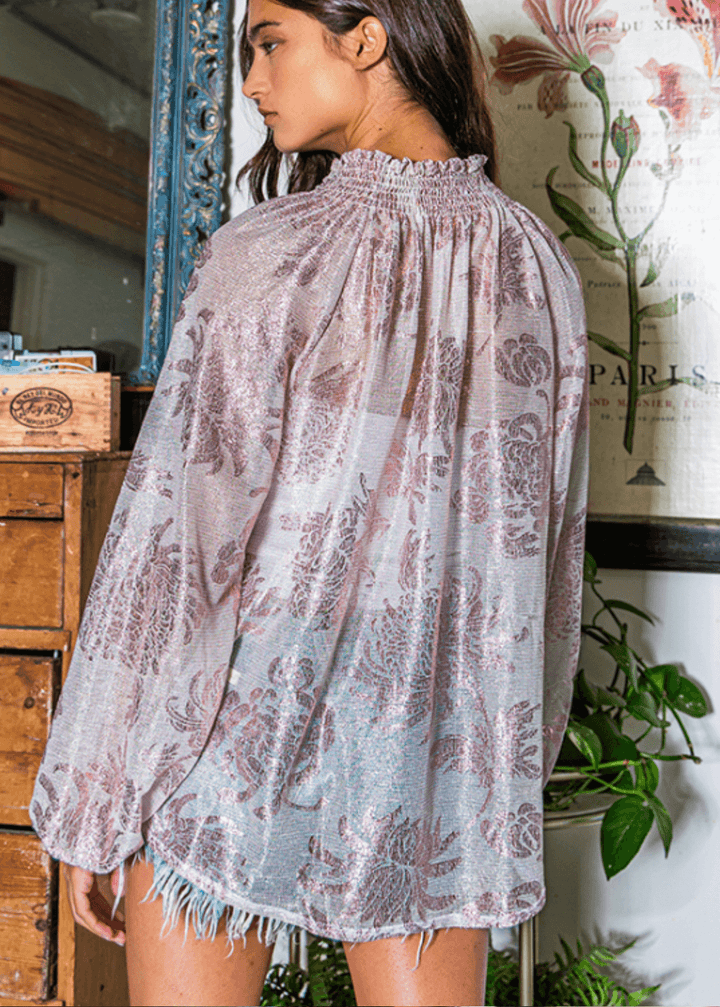 Made in USA | Ladies Sheer Floral Smocked Collar Dressy Blouse in Rose Pink with Metallic Accents | Style 