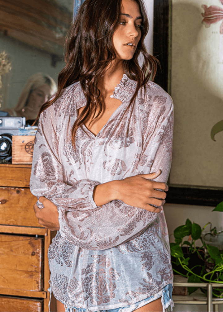 Made in USA | Ladies Sheer Floral Smocked Collar Dressy Blouse in Rose Pink with Metallic Accents | Style 