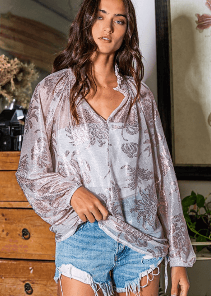 Made in USA | Ladies Sheer Floral Smocked Collar Dressy Blouse in Rose Pink with Metallic Accents | Style 