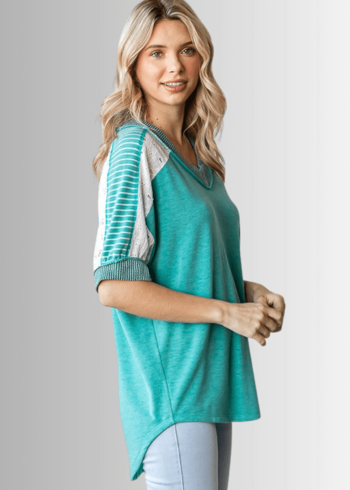Made in USA Multi Fabric V-Neck Top, Lace and Ribbed Detail, Curved Hem, Short Sleeves, Relaxed Fit, Available Colors: Blue, Green, Pink and Beige Style T5888 