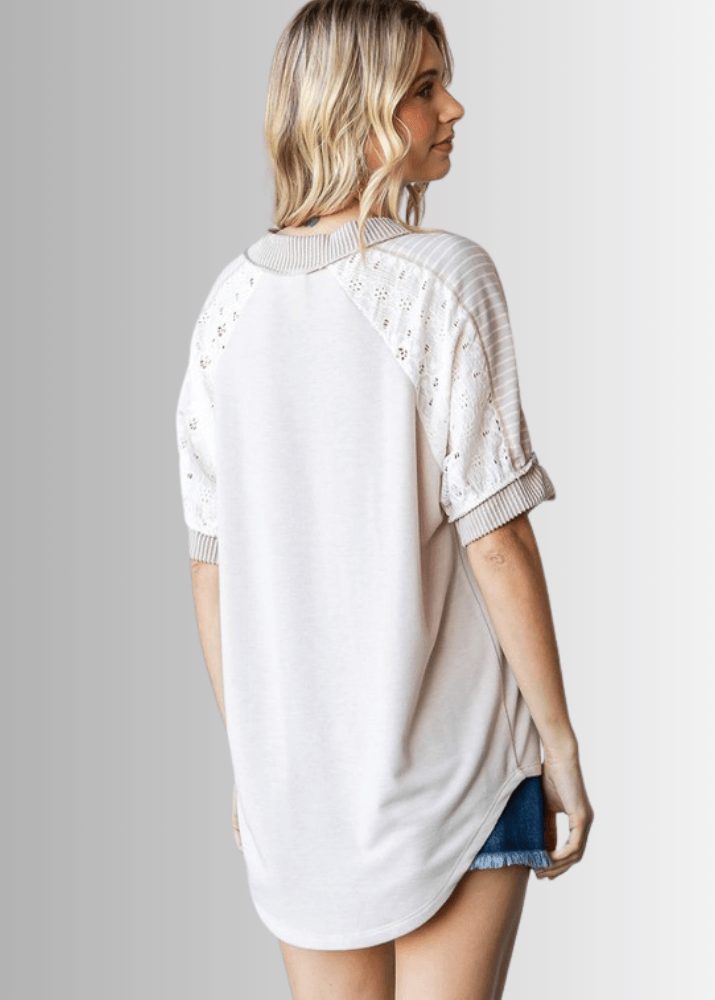 Made in USA Multi Fabric V-Neck Top, Lace and Ribbed Detail, Curved Hem, Short Sleeves, Relaxed Fit, Available Colors: Blue, Green, Pink and Beige Style T5888 