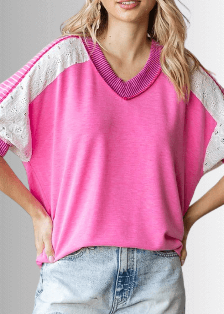 Made in USA Multi Fabric V-Neck Top, Lace and Ribbed Detail, Curved Hem, Short Sleeves, Relaxed Fit, Available Colors: Blue, Green, Pink and Beige Style T5888 