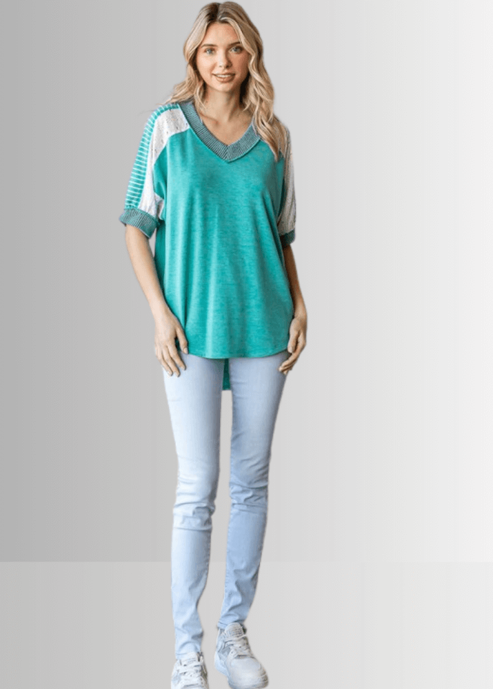 Made in USA Multi Fabric V-Neck Top, Lace and Ribbed Detail, Curved Hem, Short Sleeves, Relaxed Fit, Available Colors: Blue, Green, Pink and Beige Style T5888 