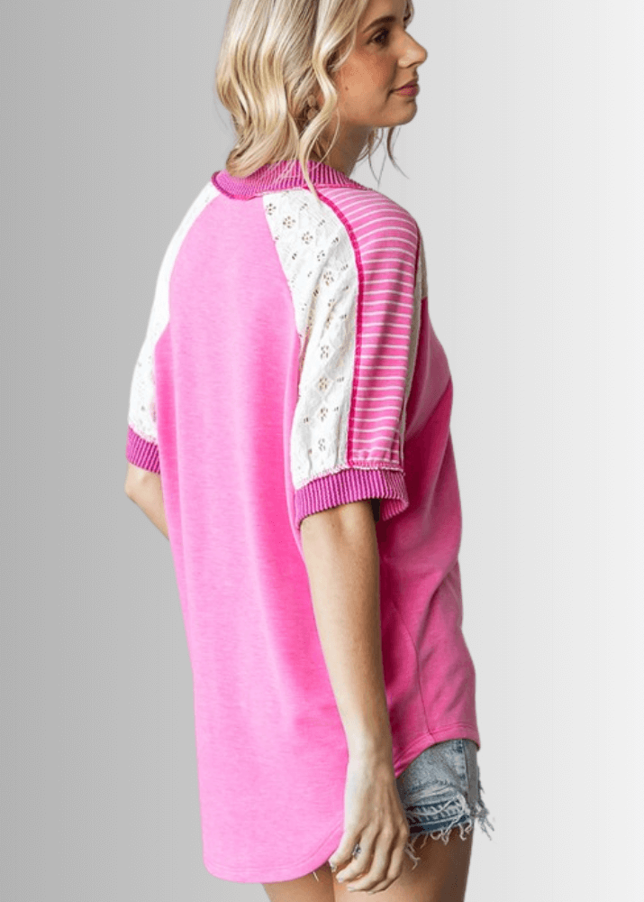 Made in USA Multi Fabric V-Neck Top, Lace and Ribbed Detail, Curved Hem, Short Sleeves, Relaxed Fit, Available Colors: Blue, Green, Pink and Beige Style T5888 