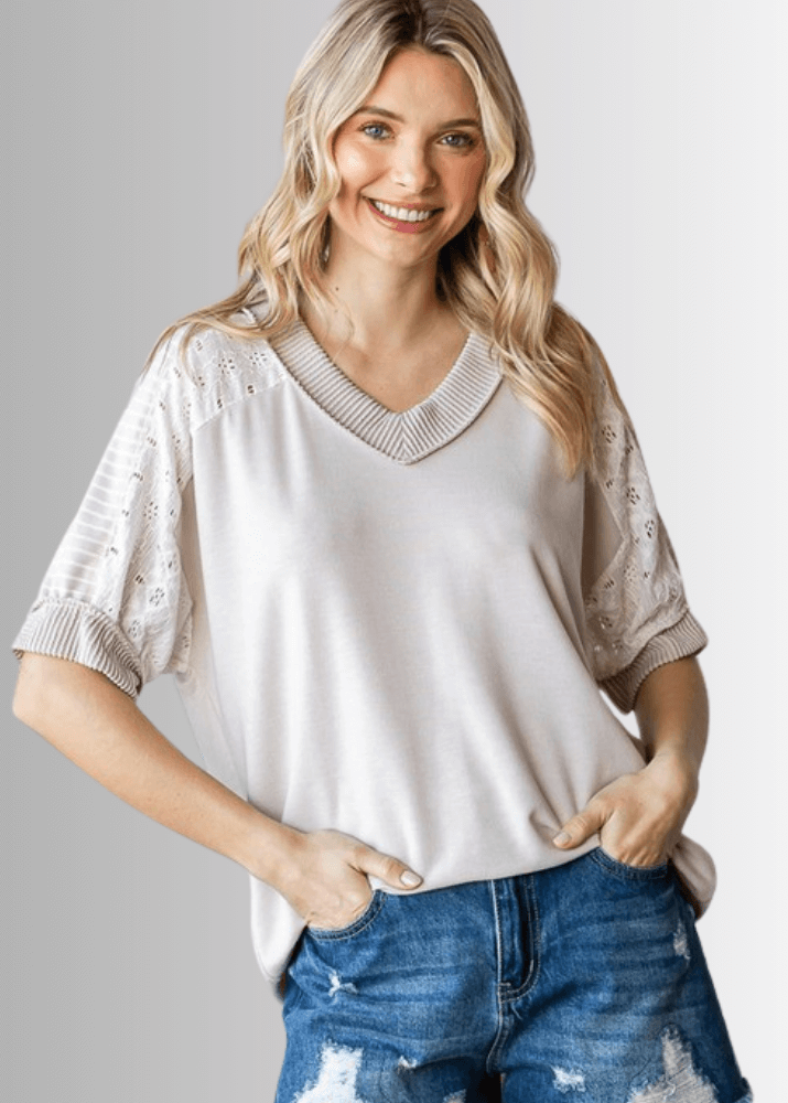 Made in USA Multi Fabric V-Neck Top, Lace and Ribbed Detail, Curved Hem, Short Sleeves, Relaxed Fit, Available Colors: Blue, Green, Pink and Beige Style T5888 