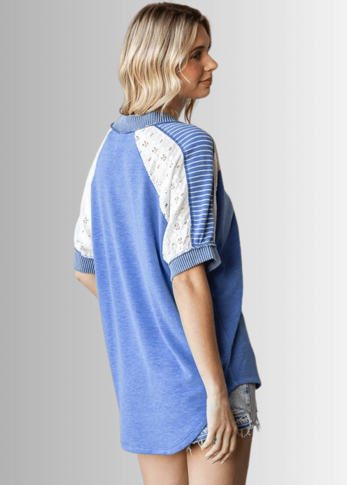 Made in USA Multi Fabric V-Neck Top, Lace and Ribbed Detail, Curved Hem, Short Sleeves, Relaxed Fit, Available Colors: Blue, Green, Pink and Beige Style T5888 