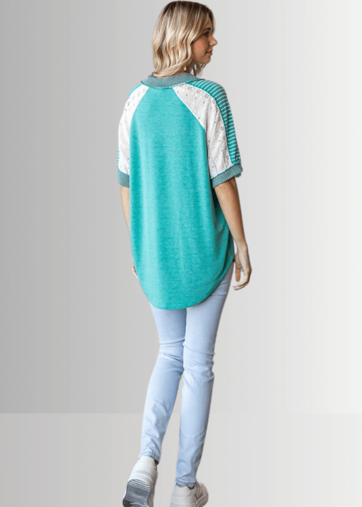 Made in USA Multi Fabric V-Neck Top, Lace and Ribbed Detail, Curved Hem, Short Sleeves, Relaxed Fit, Available Colors: Blue, Green, Pink and Beige Style T5888 