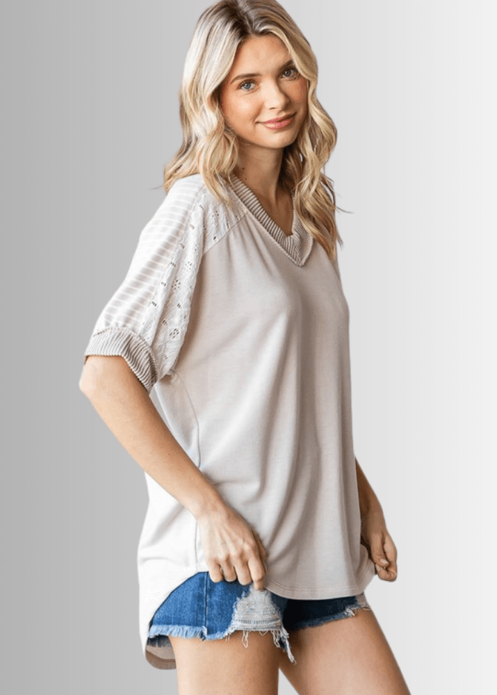 Made in USA Multi Fabric V-Neck Top, Lace and Ribbed Detail, Curved Hem, Short Sleeves, Relaxed Fit, Available Colors: Blue, Green, Pink and Beige Style T5888 