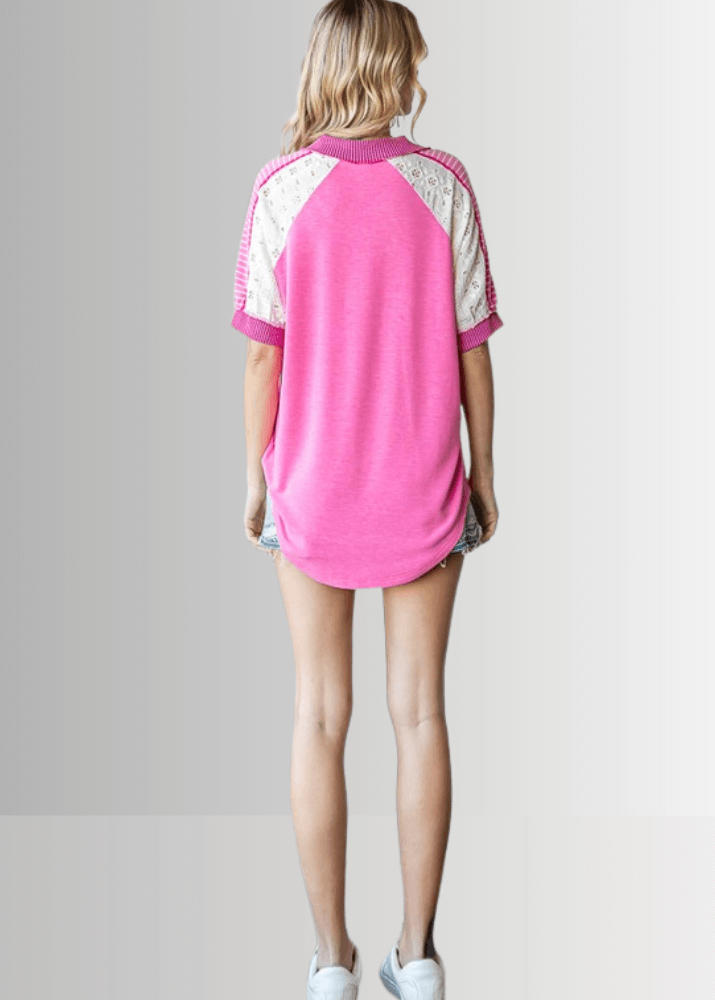 Made in USA Multi Fabric V-Neck Top, Lace and Ribbed Detail, Curved Hem, Short Sleeves, Relaxed Fit, Available Colors: Blue, Green, Pink and Beige Style T5888 
