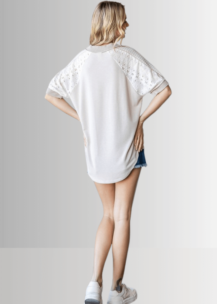 Made in USA Multi Fabric V-Neck Top, Lace and Ribbed Detail, Curved Hem, Short Sleeves, Relaxed Fit, Available Colors: Blue, Green, Pink and Beige Style T5888 