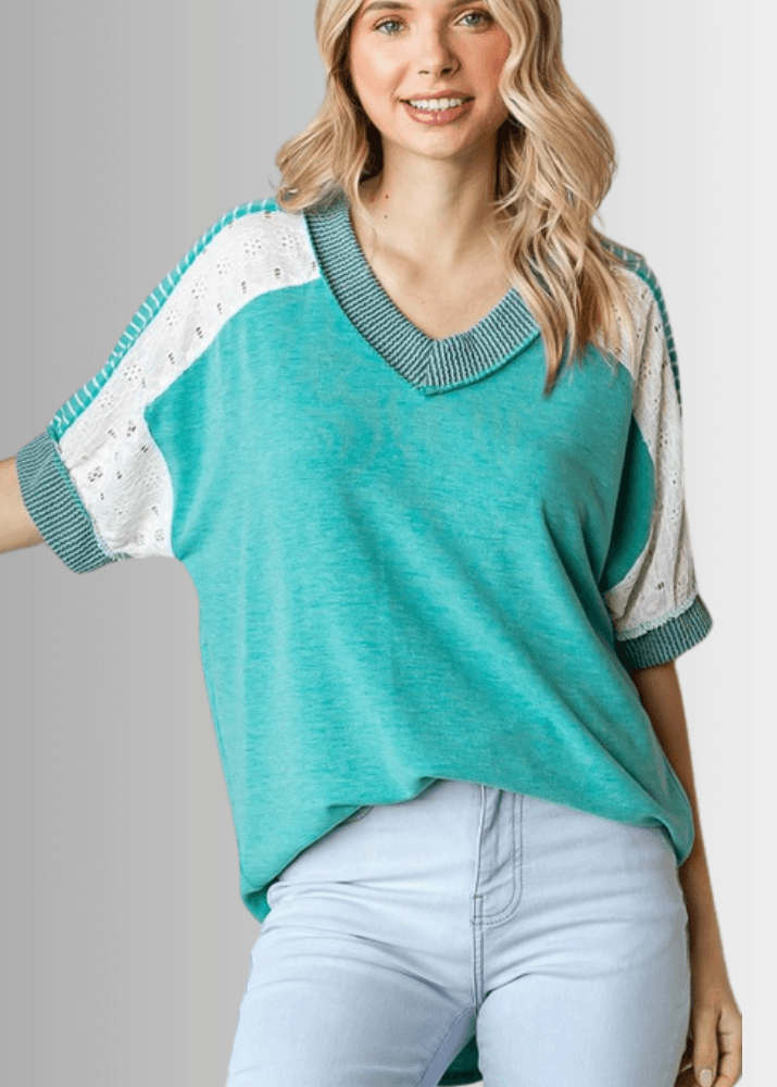 Made in USA Multi Fabric V-Neck Top, Lace and Ribbed Detail, Curved Hem, Short Sleeves, Relaxed Fit, Available Colors: Blue, Green, Pink and Beige Style T5888 