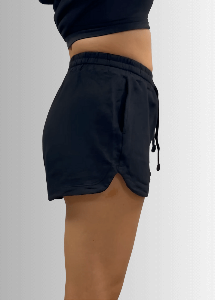 USA Made Ladies Premium Garment Washed French Terry Shorts with Elastic &amp; Drawstring Waist in Denim Blue in 100% Cotton | Classy Cozy Cool Women&