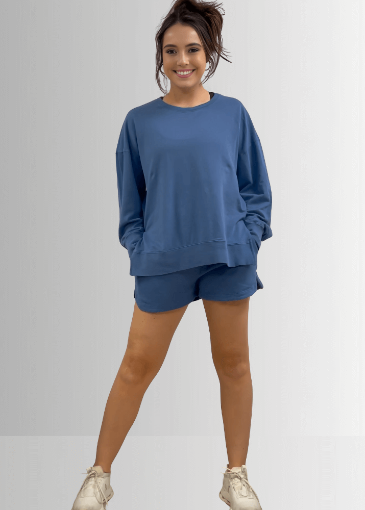 USA Made Ladies Premium Garment Washed French Terry Shorts with Elastic &amp; Drawstring Waist in Denim Blue in 100% Cotton | Classy Cozy Cool Women&