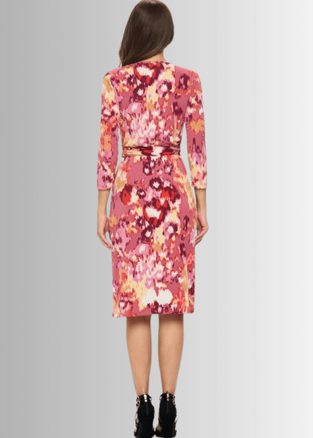 Beautiful Ladies Sienna Print Jersey Midi Wrap Dress with 3/4 Sleeves in Coral, Burgundy, Pink &amp; Tan | Renee C. Style 4329DR4 | Proudly Made in USA | Classy Cozy Cool Clothing Boutiqu