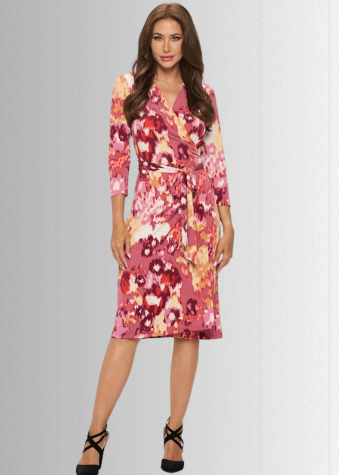 Beautiful Ladies Sienna Print Jersey Midi Wrap Dress with 3/4 Sleeves in Coral, Burgundy, Pink &amp; Tan | Renee C. Style 4329DR4 | Proudly Made in USA | Classy Cozy Cool Clothing Boutiqu