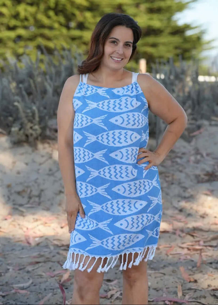 Shop the Beachables Skipper Cover Up Dress — handcrafted in the USA from soft Turkish Cotton. Adjustable drawstring, tassel hem, vibrant stripes. Perfect for beach