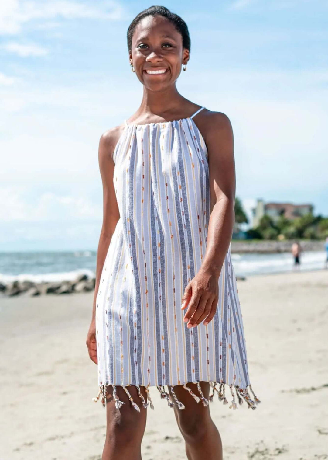 Shop the Beachables Skipper Cover Up Dress — handcrafted in the USA from soft Turkish Cotton. Adjustable drawstring, tassel hem, vibrant stripes. Perfect for beach