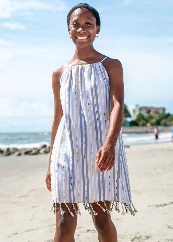 Shop the Beachables Skipper Cover Up Dress — handcrafted in the USA from soft Turkish Cotton. Adjustable drawstring, tassel hem, vibrant stripes. Perfect for beach