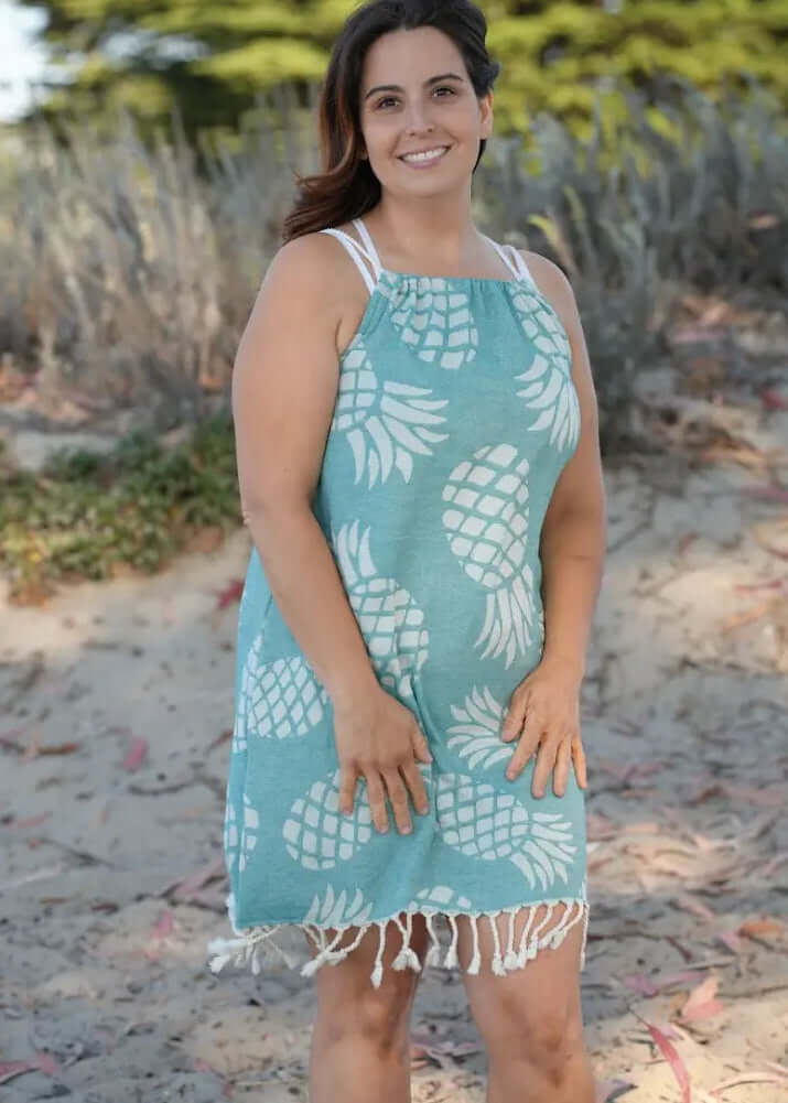 Shop the Beachables Skipper Cover Up Dress — handcrafted in the USA from soft Turkish Cotton. Adjustable drawstring, tassel hem, vibrant stripes. Perfect for beach