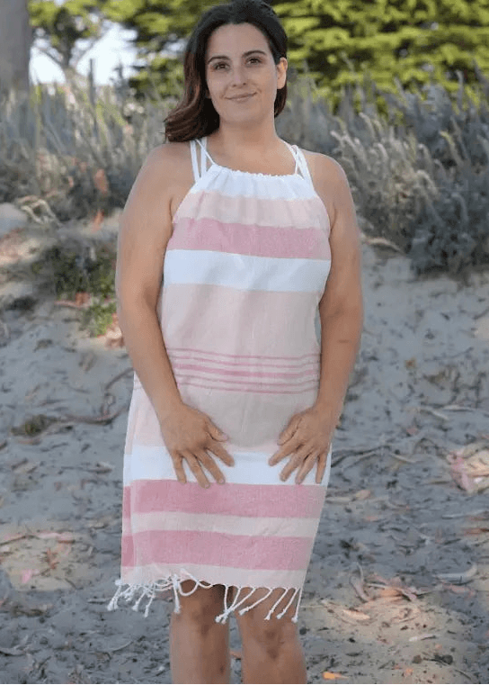 Shop the Beachables Skipper Cover Up Dress — handcrafted in the USA from soft Turkish Cotton. Adjustable drawstring, tassel hem, vibrant stripes. Perfect for beach