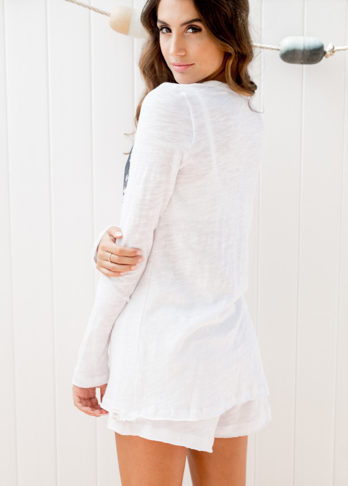 Sleepaholik Ladies "Sleep all Day" Graphic White Cotton Long Sleeve Loungewear Tee | Made in USA | Classy Cozy Cool Women&