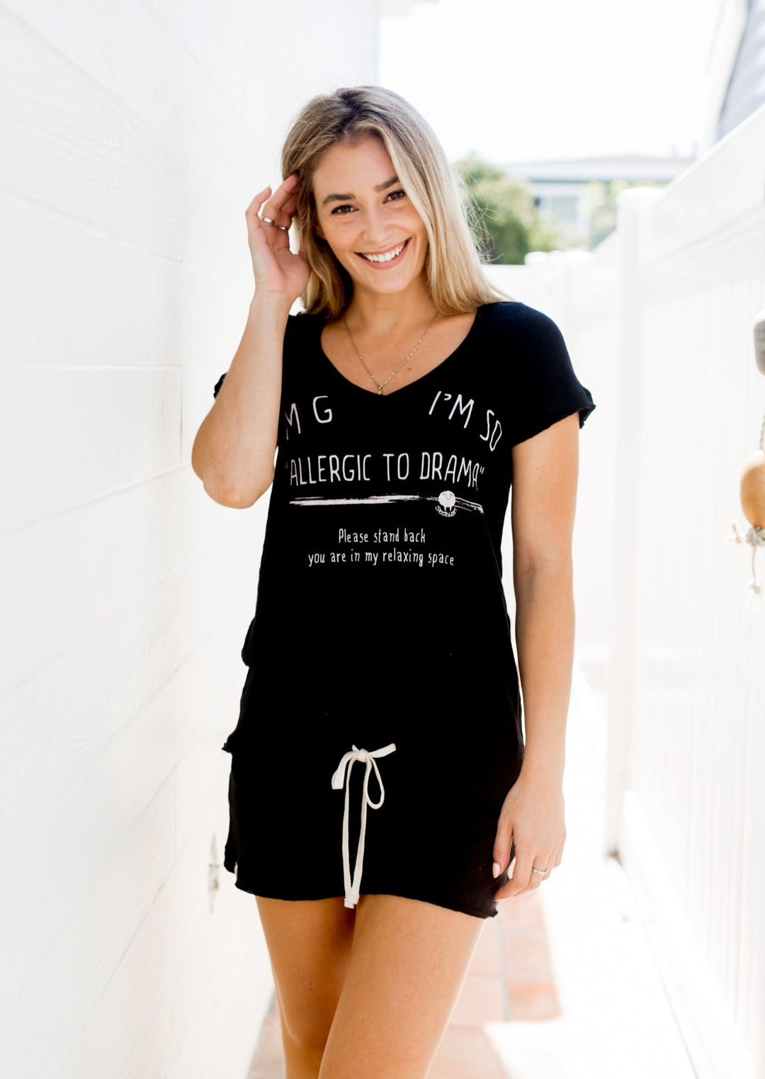 Sleepaholik Ladies Truly Trudy Shaker Shorts in Black Vintage Washed Cotton with Drawstring Waist | Made in USA | Classy Cozy Cool Women&