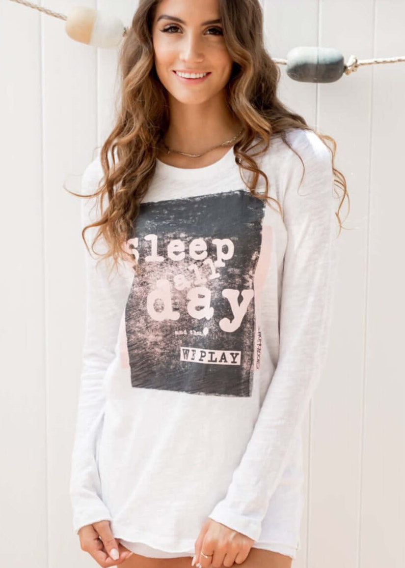 Sleepaholik Ladies "Sleep all Day" Graphic White Cotton Long Sleeve Loungewear Tee | Made in USA | Classy Cozy Cool Women's Made in America Clothing Boutique