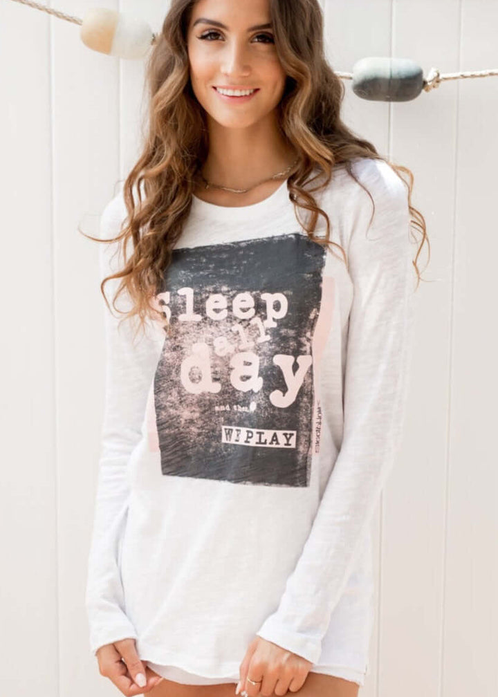 Sleepaholik Ladies "Sleep all Day" Graphic White Cotton Long Sleeve Loungewear Tee | Made in USA | Classy Cozy Cool Women&