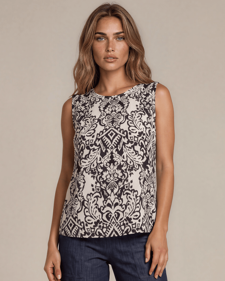 Black &amp; Cream Damask Sleeveless Top. Boat neckline, lightweight rayon linen blend, longer in back. S–XL. Made in USA.