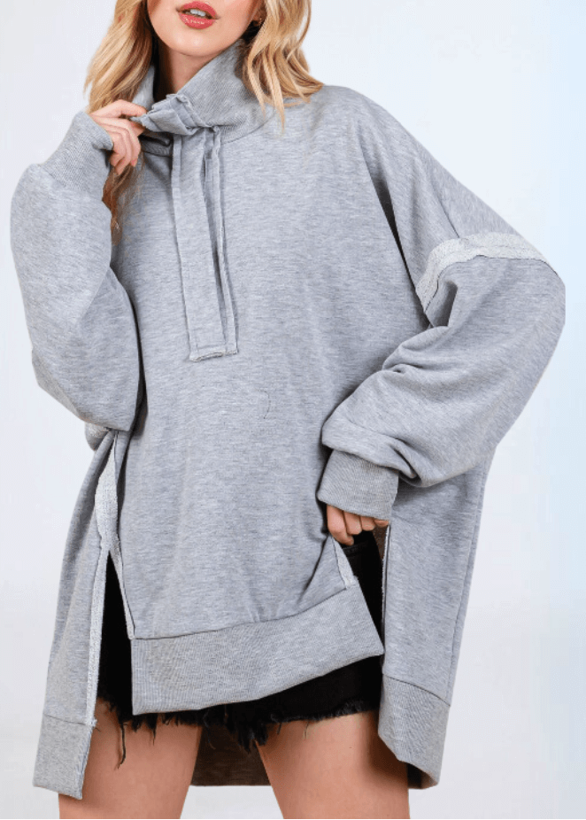 Made in USA Women's Snap Collar High Low Oversized Slouchy Tunic Sweatshirt with Side Slits Available in Sage Green and Heather Gray | Classy Cozy Cool Made in USA Boutique