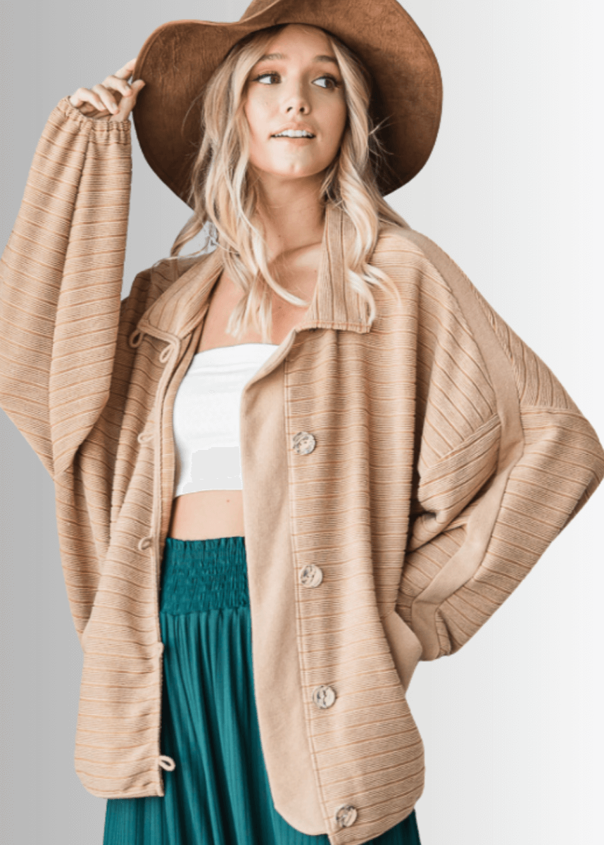 Brand: Bucket List | Made in USA |  Button Down Contrast Detail Lightweight Jacket in Camel | Style T1548 | Classy Cozy Cool Women&