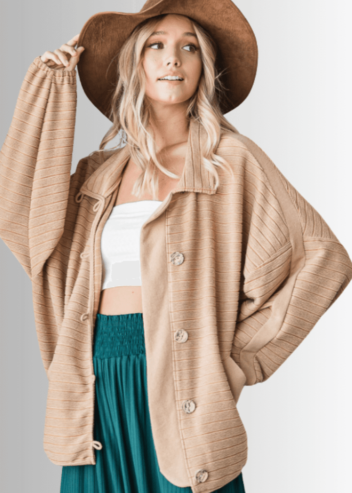 Brand: Bucket List | Made in USA |  Button Down Contrast Detail Lightweight Jacket in Camel | Style T1548 | Classy Cozy Cool Women&