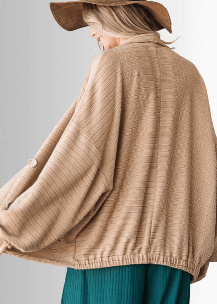Brand: Bucket List | Made in USA |  Button Down Contrast Detail Lightweight Jacket in Camel | Style T1548 | Classy Cozy Cool Women&