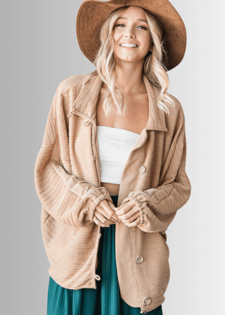Brand: Bucket List | Made in USA |  Button Down Contrast Detail Lightweight Jacket in Camel | Style T1548 | Classy Cozy Cool Women&