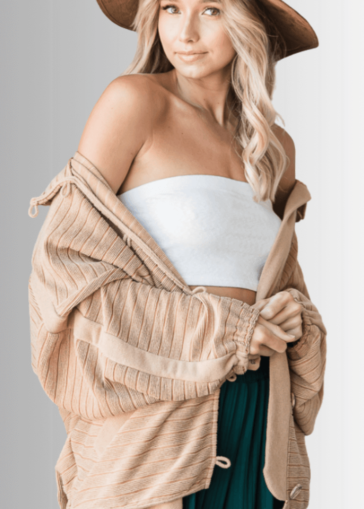 Brand: Bucket List | Made in USA |  Button Down Contrast Detail Lightweight Jacket in Camel | Style T1548 | Classy Cozy Cool Women&