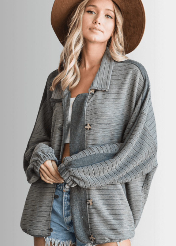 Brand: Bucket List | Made in USA | Olive Button Down Contrast Detail Lightweight Jacket T1548 | Classy Cozy Cool Women&