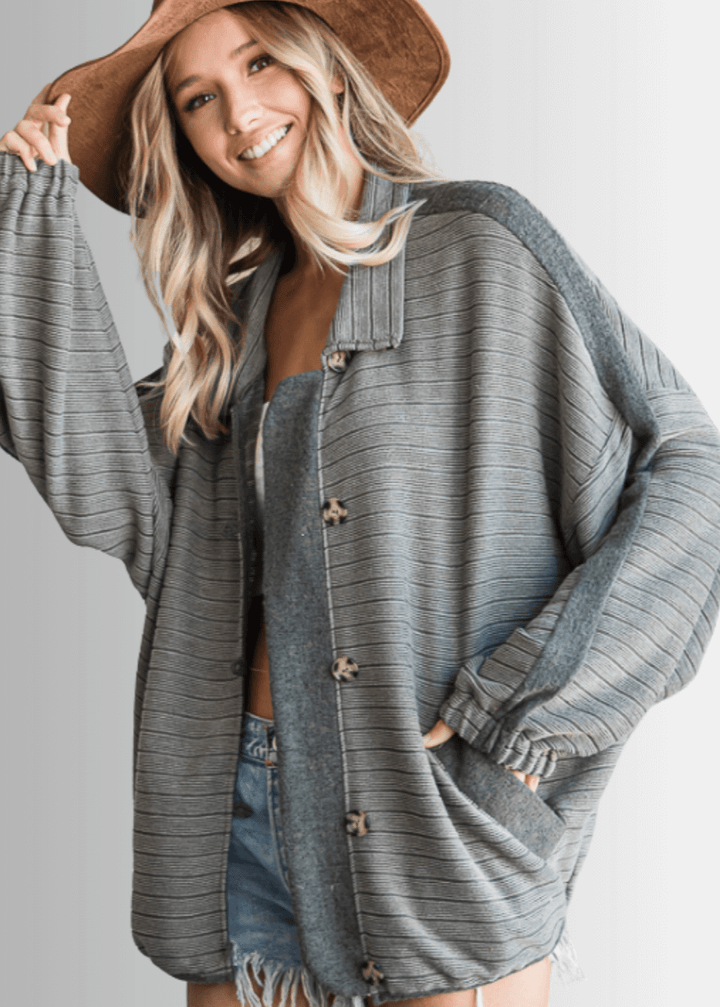 Brand: Bucket List | Made in USA | Olive Button Down Contrast Detail Lightweight Jacket T1548 | Classy Cozy Cool Women&