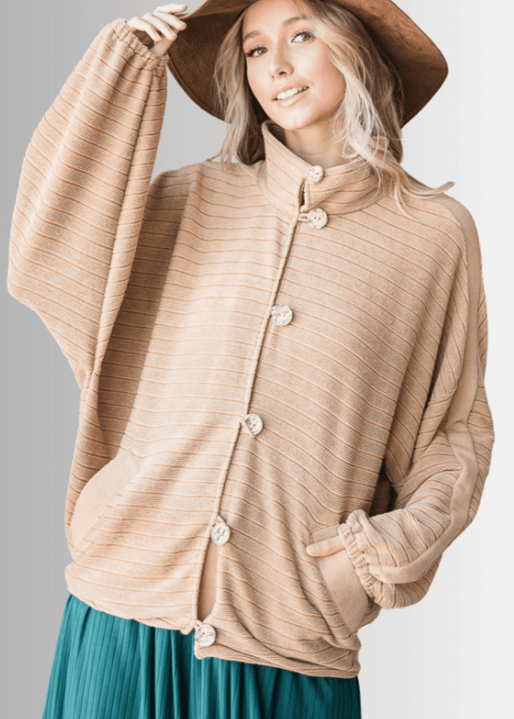 Brand: Bucket List | Made in USA |  Button Down Contrast Detail Lightweight Jacket in Camel | Style T1548 | Classy Cozy Cool Women&